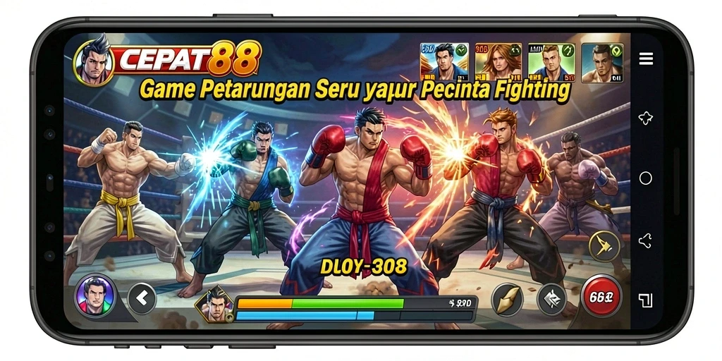 Tampilan gameplay pertarungan seru di CEPAT88 dengan karakter unik.
