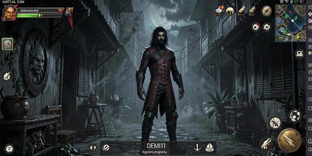 Screenshot utama DEMI11 menampilkan gameplay yang menegangkan di lingkungan gelap.