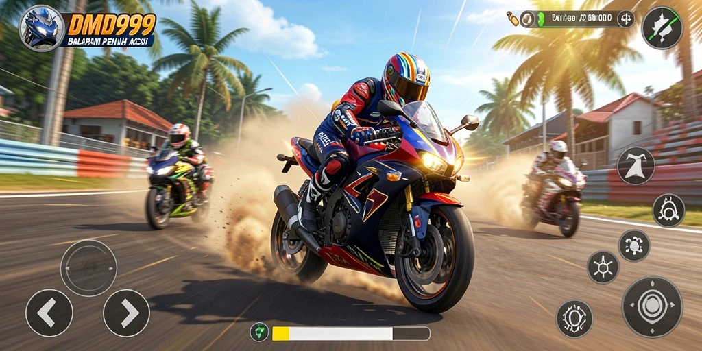 Screenshot utama DMD999 menampilkan serunya gameplay balapan motor.