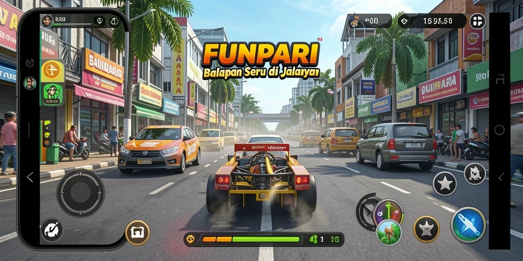 Tangkapan layar gameplay <strong>FUNPARI</strong> menunjukkan balapan dinamis dan kendaraan beragam.
