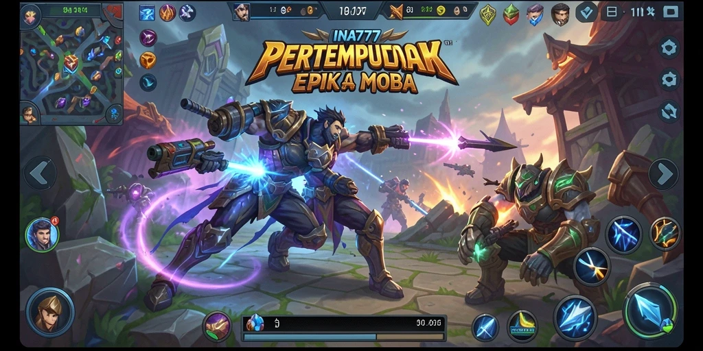 Screenshot utama INA777 menampilkan aksi pertempuran seru dalam MOBA.