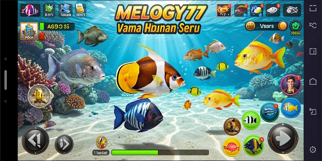 Gameplay seru dalam MELODY77 menampilkan aksi tembak ikan yang mendebarkan.