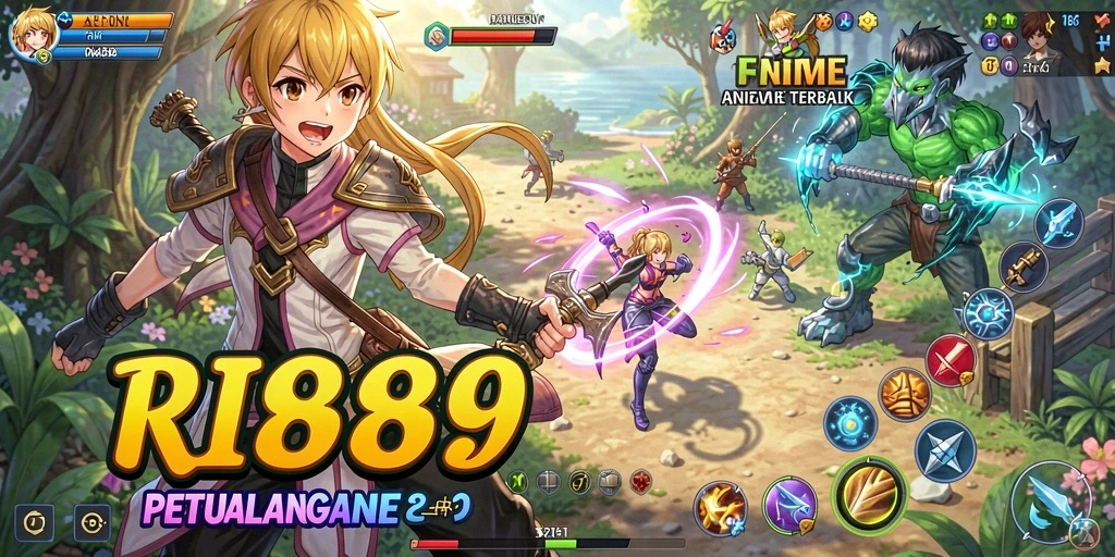 Screenshot utama RI889 menampilkan karakter anime dalam aksi seru.
