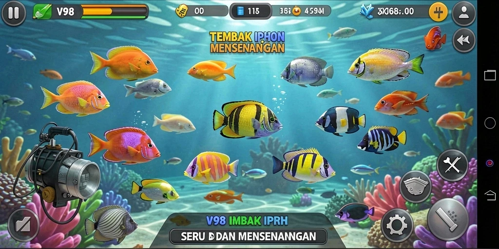 Tampilan gameplay V98 dengan aksi tembak ikan yang seru.